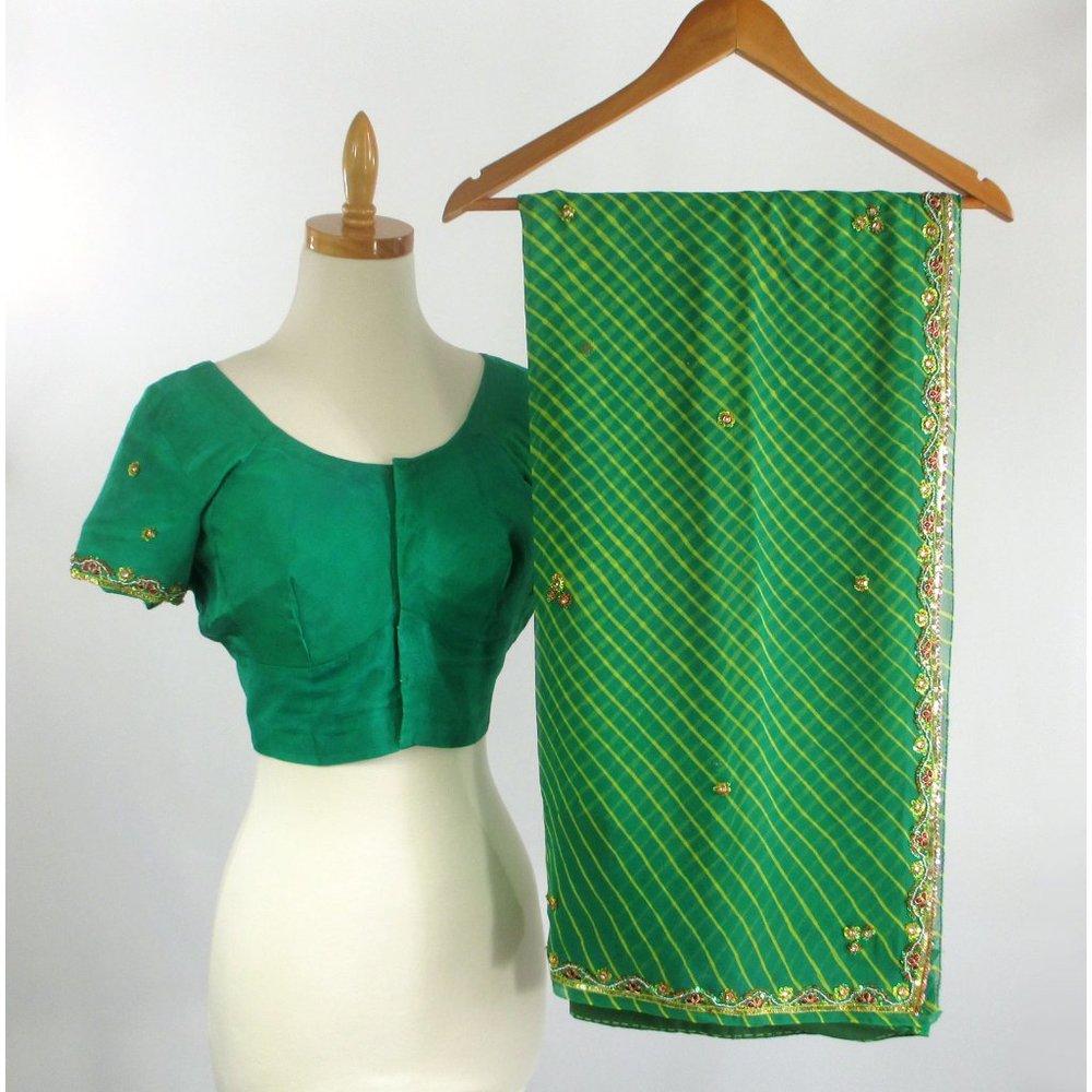 Indian Saree Green Silk Chiffon w/ Choli Blouse Leheriya Striped Beaded Vintage
